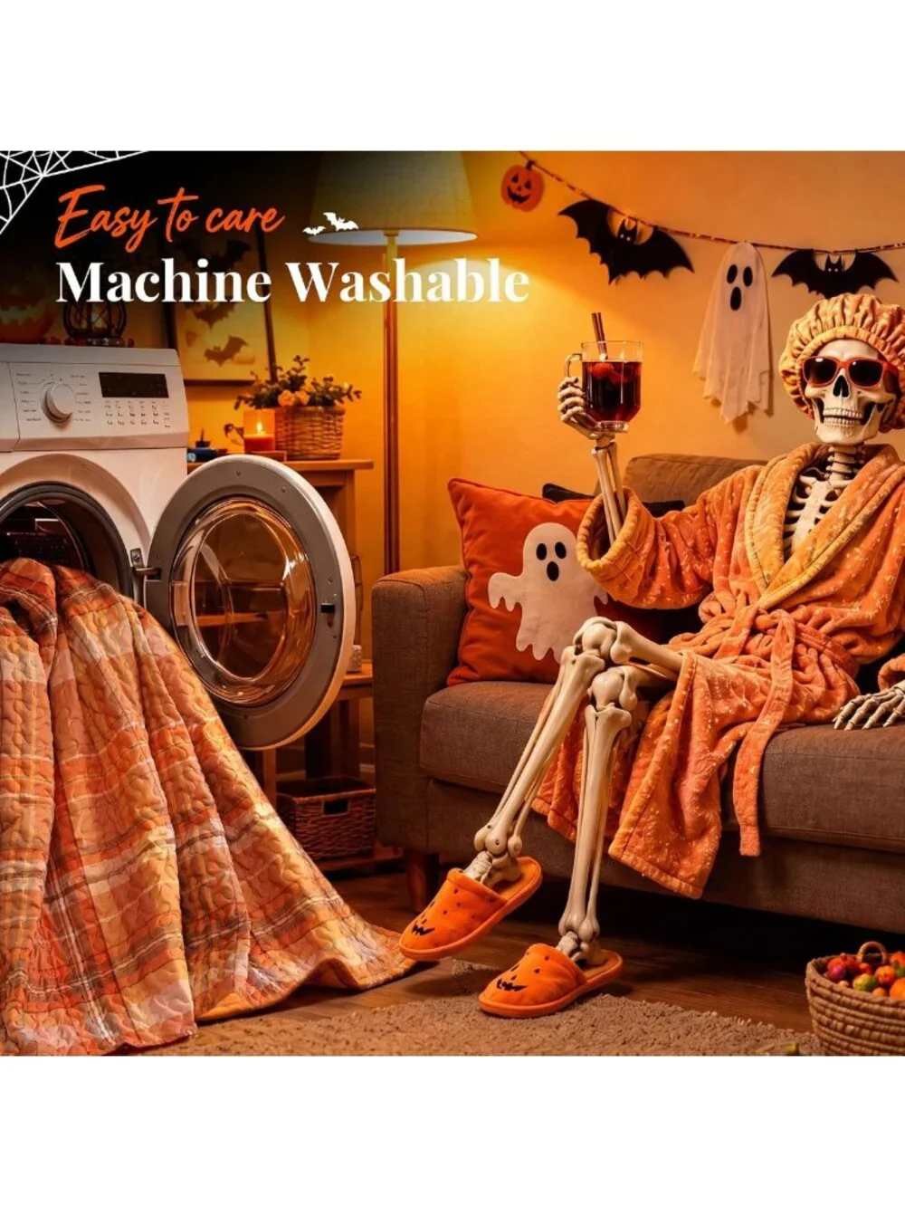 King Size Halloween Quilt Set - Orange Plaid Bedspread & 3-Piece Bedding Set